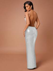 Hauture 黑色亮片镂空露背超长派对礼服，后背开衩 - 白色 - 查看 3