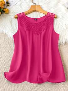 SHEIN LUNE Plus Size Solid Color Round Neck Sleeveless Simple Casual Tank Top, For Summer - Hot Pink - View 1