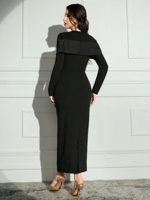 Modelyn Vestido largo elegante de manga larga con adorno de rhinestones y ajustado para damas - Negro - Ver 3