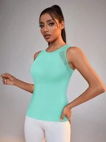 Powerista 女士纯色圆领无袖镂空简约运动 T 恤和吊带背心 - 薄荷綠 - 查看 4