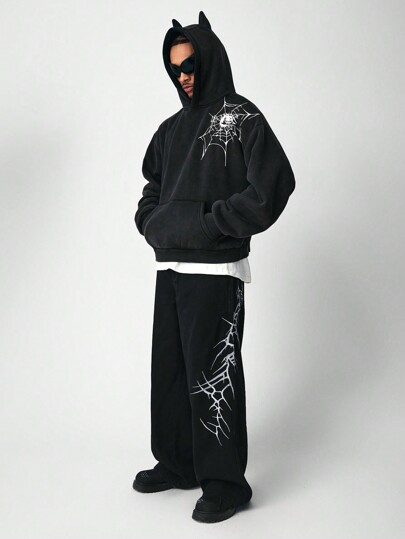 Street Life Sudadera con capucha casual de manga larga con estampado de telaraña para hombres, Halloween