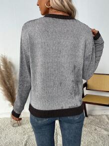 SHEIN LUNE Women's Casual Crew Neck Colorblock Striped Patchwork Pullover Sweater Knit Pullover Fall Winter - Coffee Brown - View 2