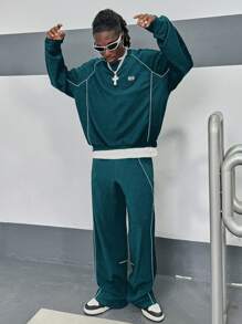 Manfinity RebelGame Bộ quần áo len dài tay cổ tròn dáng rộng cho nam, thời trang thu đông - Màu xanh lá cây đậm - Xem 6