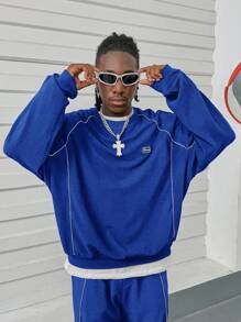 Manfinity VCAY Men's Loose Fit Crew Neck Long Sleeve Knit Sweatshirt Set, For Fall Winter - Blue - View 7