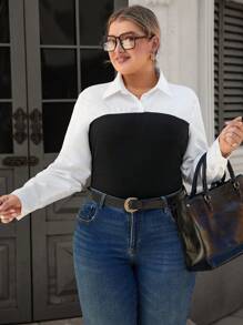 SHEIN Clasi Plus Size Women Solid Color Patchwork Long Sleeve Casual Blouse