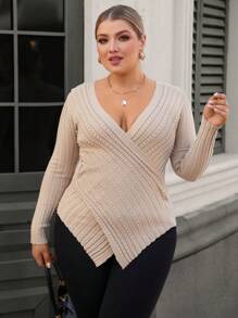 SHEIN Clasi Pulover din Lurex metalic cu decolteu în V, suprapus, cu talie cinsată, pentru femei, toamnă/iarnă - Kaki - Vizualizare 4