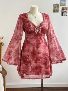 Soleia Vestido holgado estilo retro de manga larga con cuello cuadrado, con estampado de rosa rojo oscuro, ribete de encaje y estampado de malla en corte evasé para mujeres de talla grande, ideal para vacaciones