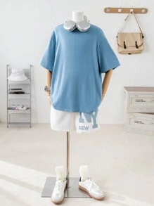 SHEIN Teen Boy Casual Loose Comfortable Printing Short Sleeve Top And Shorts Set, Versatile - Dusty Blue - View 4