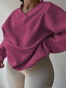 INAWLY Áo nỉ dáng rộng, cổ chữ V, vai rớt, màu trơn, cỡ lớn, thích hợp mặc mùa xuân/thu, tốt nghiệp, tựu trường, lễ tốt nghiệp, dành cho nữ giáo viên, áo nỉ chui đầu mùa thu cho mùa tựu trường. - Màu đỏ tím - Xem 4