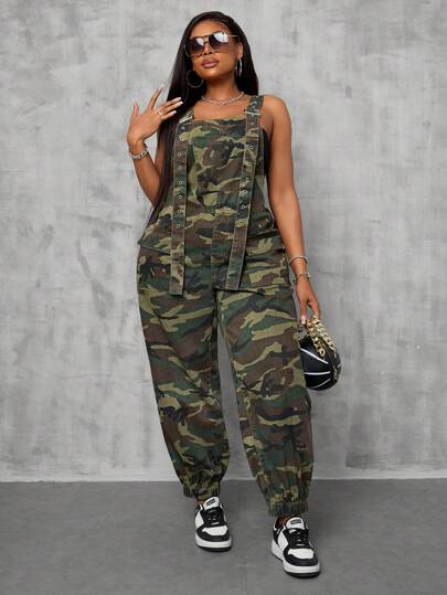 SHEIN SXY 夏季大码带口袋可调节肩带休闲牛仔工装裤