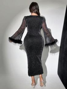 Viva Relle Plus Size Women's Sequin Mesh Feather Patchwork Mini Dress,Valentine - Black - View 4