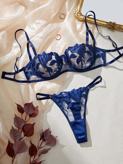Maple Leaf Geborduurde Doorschijnende Bralette String Set, Verleidelijke Lingerie Set