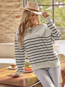 LanaWest Autumn/Winter Off Shoulder Striped Print Casual Office Wear Lantern Sleeve Loose Sweatshirt Pullover Fall
