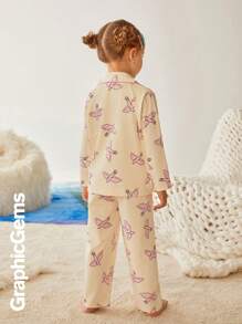 Young Girls' Cartoon Print Lapel Long Sleeve Cute Pajama Set, Suitable For Loungewear - Baby Pink - View 2