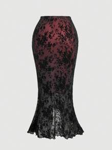 SHEIN MOD Plus Size Asymmetric Hem Tank Top And Fish Tail Lace Hem Skirt 2 Pieces Retro Set - Black - View 8