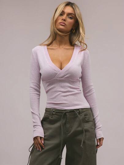 MUSERA V Neck Wrap Front Knit Long Sleeve Top Elegant Spring Vacation Cute Sexy 90's Summer Pastel Sweet Airport Holiday Winter Everyday Work Office Chic Sweater Spring