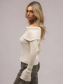 MUSERA Top de manga larga de punto acanalado estilo Bardot para primavera - Crema - Ver 2