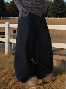 DAZY Women's Autumn New Loose Fit Wide Leg Pockets Casual Denim Jeans - Black - View 8