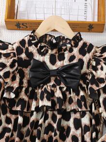 Tween Girls Casual Leopard Print Ruffle Trim Bow Front Long Sleeve A-Line Smock Dress - Apricot - View 4