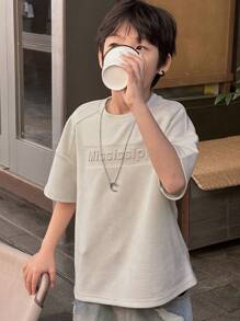 Dazy Kids Áo thun thường ngày tay ngắn cổ tròn màu trơn cho bé trai tuổi mới lớn, quần áo trở lại trường - Màu be - Xem 4