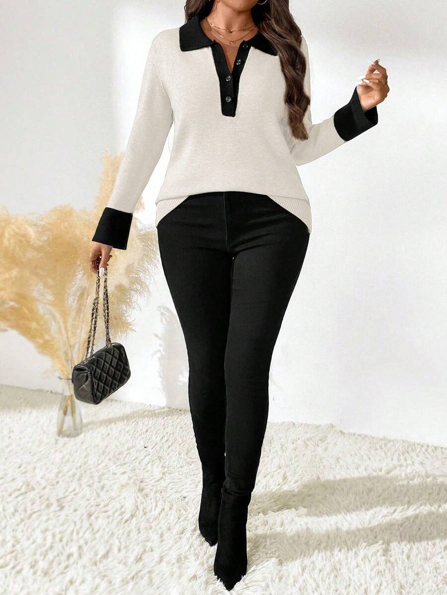 SHEIN LUNE Áo len chui đầu tay dài cài nút phía trước cỡ lớn, tối giản và giản dị - Màu be - Xem 1