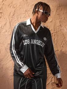 Forever 21 Men's Vintage Style Colorblock Print Polo Collar Long Sleeve Jersey - Black - View 7