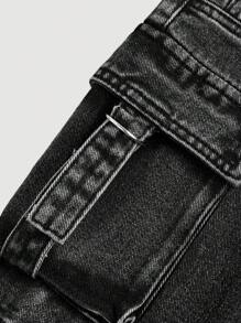 SHEIN Girlism Teens' Cargo Pocket Short Casual Denim Mini Skirt - Black - View 4
