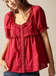 Bohemela 女士休闲纯色宽松编织短袖衬衫，红色上衣