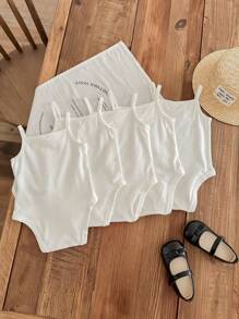 SHEIN LMoss Kids 5 قطع من الملابس الداخلية الكاجوال المناسبة لفصل الصيف للرضع من البنات، مصنوعة من النسيج اللينة والقابلة للامتداد باستخدام الحمالات الرفيعة والألوان موحد اللون الهادئة