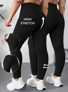 SHEIN EZwear Plus Size Czarne Leginsy Wyszczuplające z Wysokim Stanem, Swobodne i Minimalistyczne, Odpowiednie Na Wiosnę i Jesień
