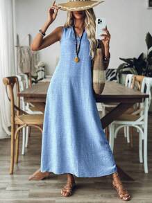 Breezaya 女士 V 领无袖简约长裙，休闲日常穿着 - 藍色 - 查看 4