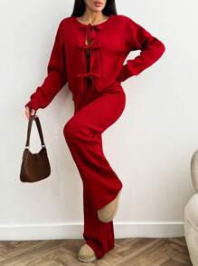 RueChic Women Bow Tie Front Detailed Cardigan And Sweater Pant 2 Two Piece Set - Burgundy - View 5