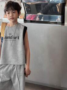 DAZY 2pcs Tween Boys Solid Color Patched Round Neck Letter Print Simple Top And Pants Set,Back To School Clothes
