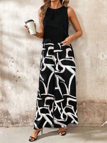 SHEIN Clasi Conjunto de top sin mangas de cuello redondo unicolor y pantalones de pierna ancha para mujeres