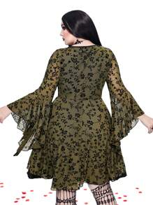 Whyspr Goth Punk Plus Size Solid Color Patchwork Long Sleeve Casual Elegant Dress Goth Women Outfit - Green - View 2