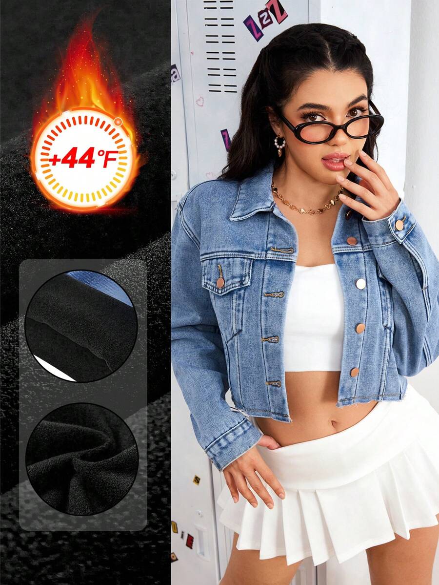 SHEIN Essnce Casual Distressed Cropped Denim Jacket For Autumn - Blue - View 1