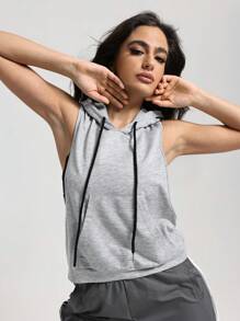 SHEIN Sports Women Letter Print Sleeveless Casual Hooded Sweatshirt For Dance & Fitness - Light Grey - View 6