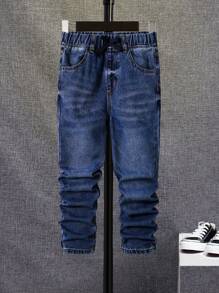 SHEIN Tweens Boys Pocket Skinny Jeans, Casual & Versatile - Dark Wash - View 1