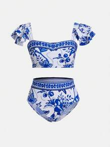 Swim Oasis 3pcs Women's Vacation Beach Floral Print Bikini Set Summer