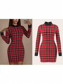 SHEIN ICON Women's Elegant Long Sleeve Collared Colorblock Plaid Dress