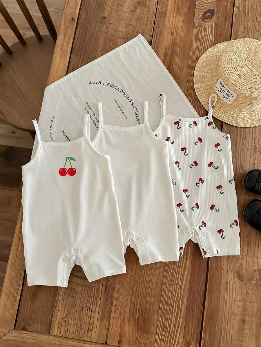 SHEIN LMoss Kids 3pcs/Set Newborn Baby Girl Summer Adorable Cherry Knitted White Jumpsuit Outfit Print - White - View 1