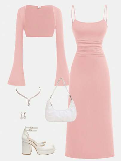 SHEIN Girlism Teen Girls Solid Color Knitted Crop Top & Bodycon Mini Dress 2pcs Set, Elegant & Sophisticated Outfit For Outing & Party Graduation Dress