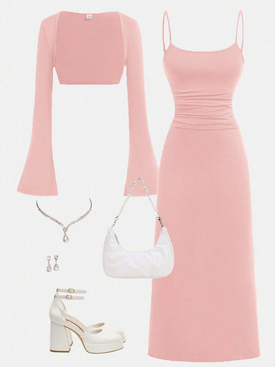 SHEIN Girlism Teen Girls Solid Color Knitted Crop Top & Bodycon Mini Dress 2pcs Set, Elegant & Sophisticated Outfit For Outing & Party Graduation Dress - Pink - View 1