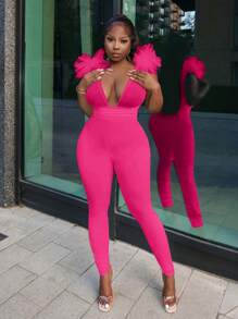 Slaydiva 2024 New Sexy Elegant White Sleeveless Mesh Splicing Exaggerated Shoulder Bandage Bodycon Jumpsuit, Perfect For Date & Holiday