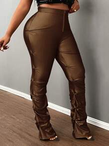 Slaydiva Plus Size Elegant Slim Fit Solid Black Front Metal Zipper Ruched Pants For Autumn/Winter - Mocha Brown - View 5