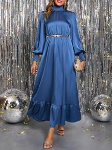 SHEIN Clasi Women's Elegant Dusty Blue Satin Long Dress,Ruffled Neckline & Cuff Puff Sleeve Flowy Dress For Autumn,Holiday Dinner,Dates,Street Style Outings - Blue - View 3