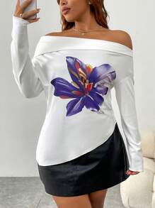 INAWLY Hauts décontractés à imprimé floral, manches longues et épaules dénudées, tailles plus pour femmes