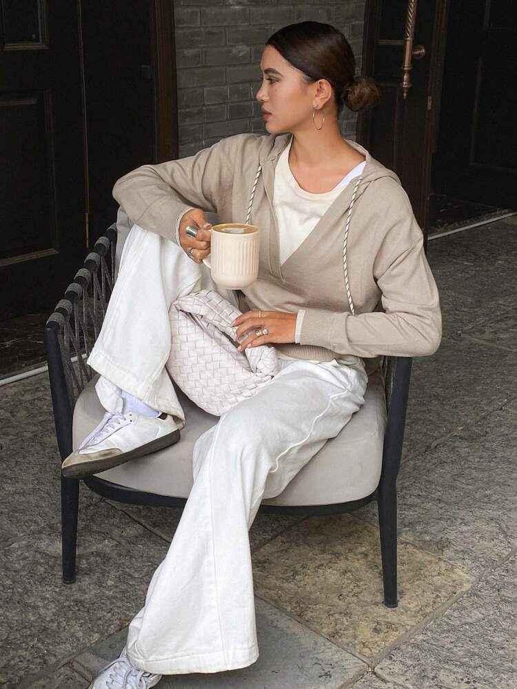 Patchwork Hooded Drawstring Loose Long Sleeve Cardigan For Women,Fall Clothes