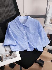 Chiquease Áo sơ mi sọc ngắn có túi cho nữ, áo thời trang - Xanh và trắng - Xem 1