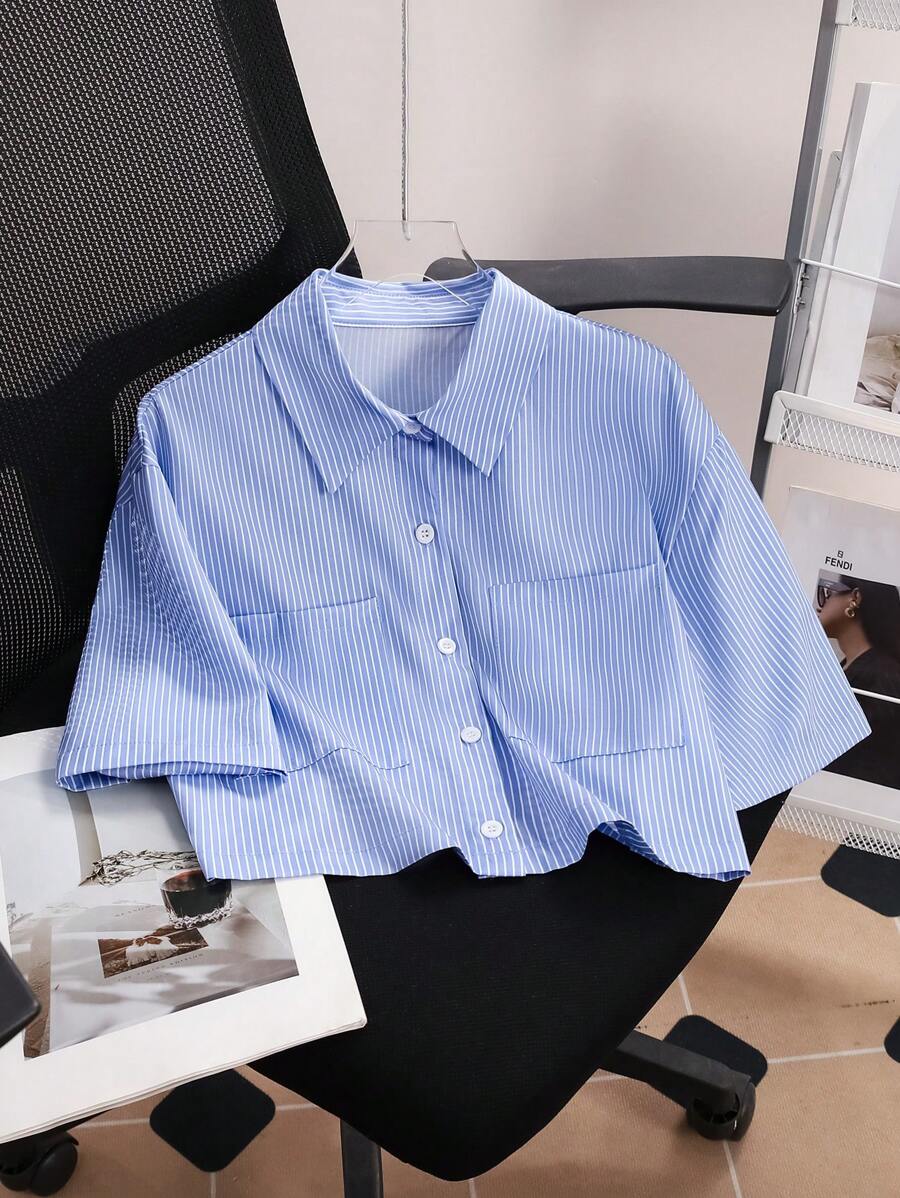 Chiquease Áo sơ mi sọc ngắn có túi cho nữ, áo thời trang - Xanh và trắng - Xem 1
